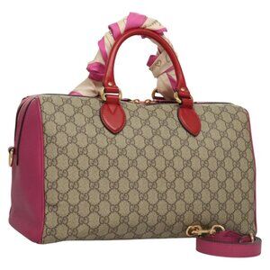 GUCCI GG Supreme Boston Bag PVC 2way Beige Pink 409527 Auth ki5676